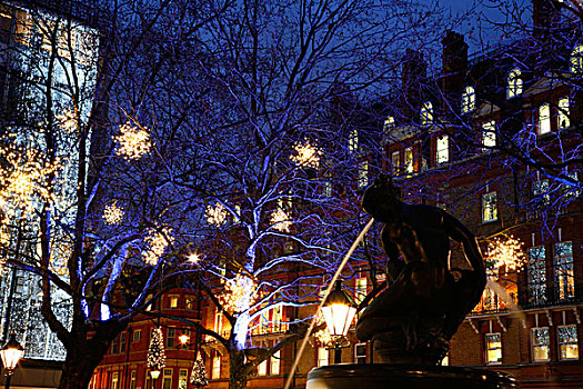 维纳斯,喷泉,剪影,圣诞灯光,广场,伦敦,英格兰
