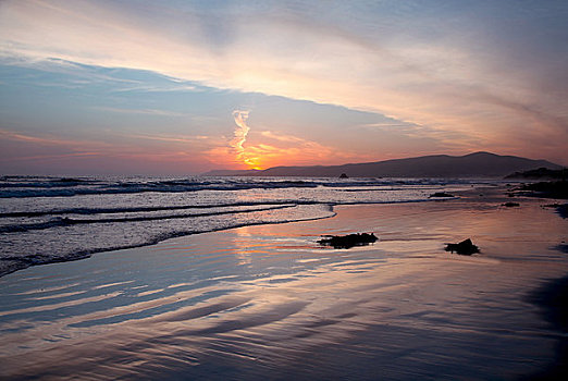 日落,上方,海滩,海岸,加利福尼亚,美国