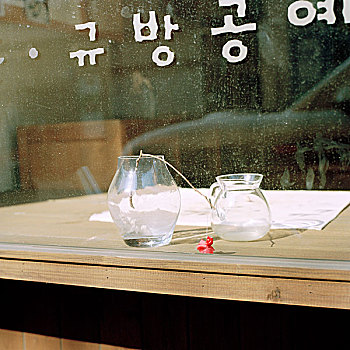 一个,玻璃,花瓶,罐,破损,花,风景,窗户,韩国