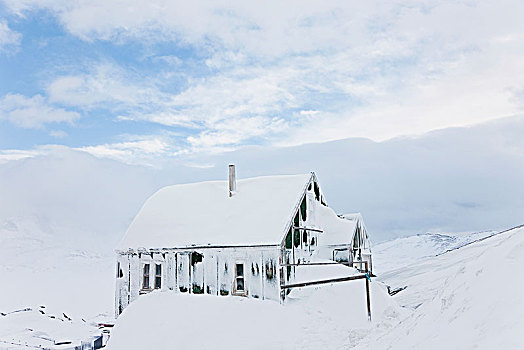 冬季风景,木质,积雪,屋舍,阴天