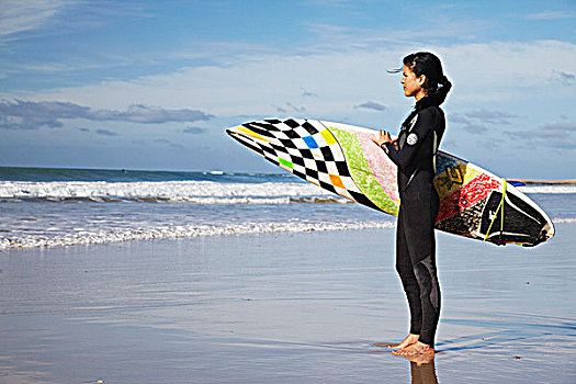 女人,冲浪板,海滩,湾,东开普省,南非
