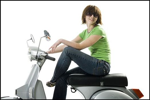 侧面,女青年,坐,摩托车