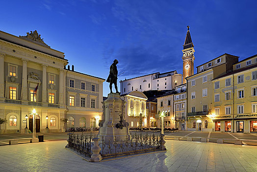 广场,市政厅,纪念建筑,大教堂,蓝色,钟点,皮兰,伊斯特利亚,斯洛文尼亚,欧洲