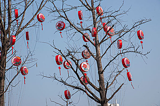 2017春节期间重庆南岸区江南大道路边树上悬挂的风鼓