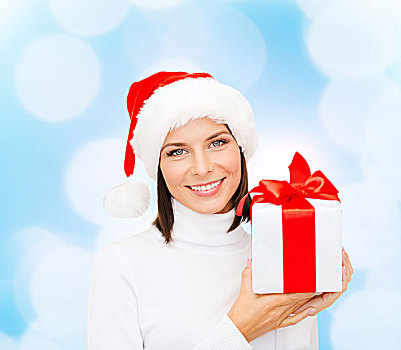 圣诞节,冬天,高兴,休假,人,概念,微笑,女人,圣诞老人,帽子,礼盒,上方,蓝色,背景