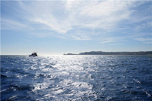 蓝色,地中海,渔船,远处,地平线
