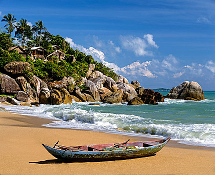 渔船,珊瑚,小湾,海滩,海湾,泰国,苏梅岛,南方,亚洲