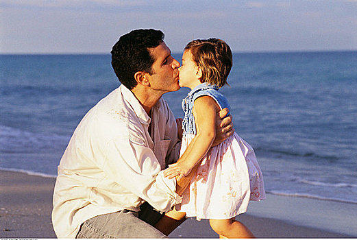 父亲,吻,女儿,海滩