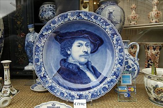 阿姆斯特丹,北荷兰,荷兰,盘子,伦勃朗,描绘,蓝色,陶器