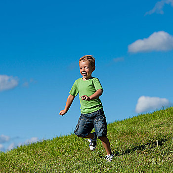 小男孩,跑,草地,美景,夏天