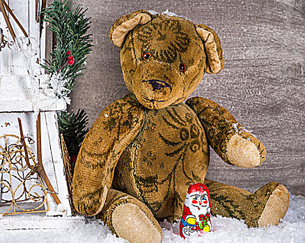 圣诞节,泰迪熊,坐,雪地,圣诞老人