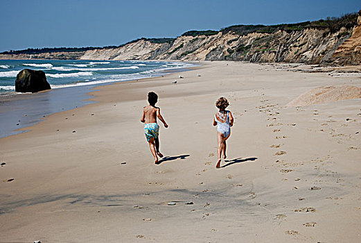 男孩,女孩,跑,沙滩