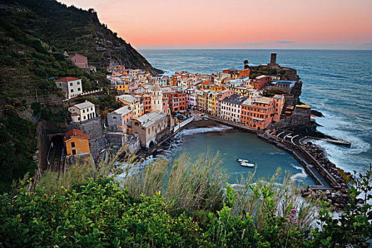 维纳扎,湾,建筑,岩石上,上方,海洋,五渔村,意大利