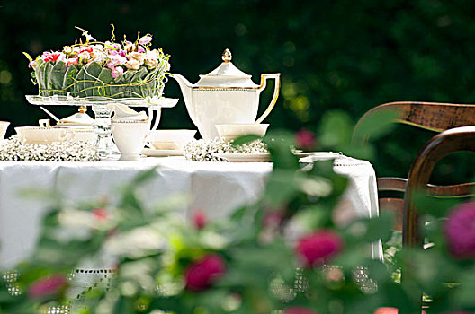 茶几,花园,白色,桌布,插花,玻璃,点心架
