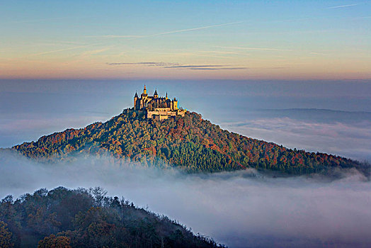 风景,霍亨索伦,城堡,高处,云量,秋天,巴登符腾堡,德国,欧洲