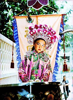 中国,香港,长洲,岛屿,女孩,肖像,站立,穿,传统服装,队列,2000年