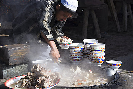 男人,做饭,星期日,市场,喀什葛尔,新疆,区域,瓷器
