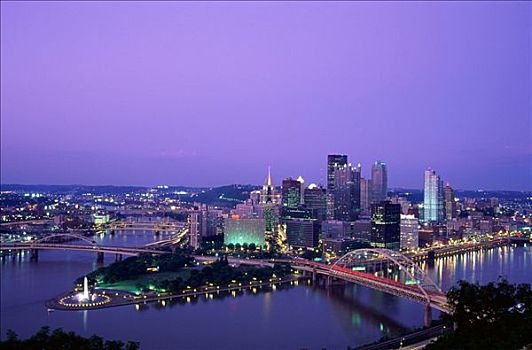 城市天际线,俄亥俄河,夜景,匹兹堡,宾夕法尼亚,美国