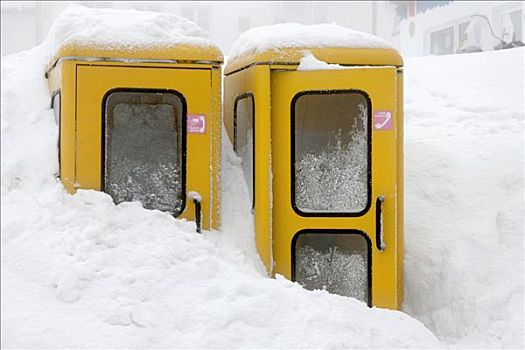 两个,电话亭,沉浸,雪中,高原,黑森州,德国