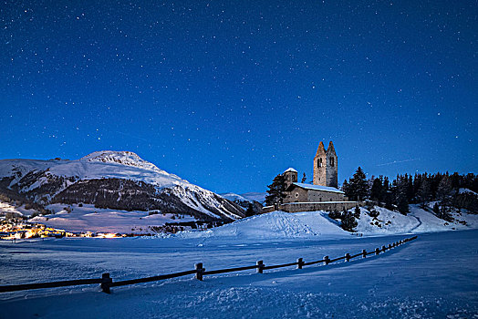教堂,冬天,夜晚,恩加丁,瑞士,欧洲