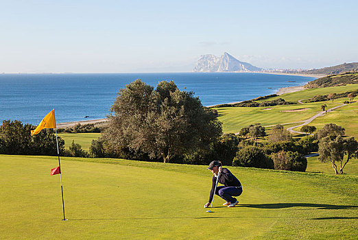 打高尔夫,果岭,高尔夫,胜地,地中海,直布罗陀巨岩,安达卢西亚,西班牙,欧洲