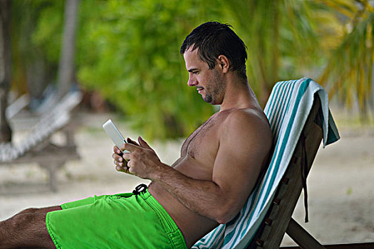 商务,男人,放松,使用,平板电脑,漂亮,热带沙滩