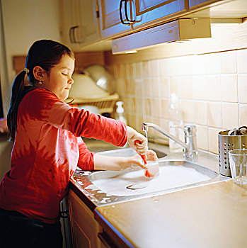 女孩,洗涤,餐具,瑞典