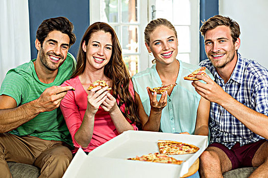 头像,高兴,朋友,吃,比萨饼,微笑,在家