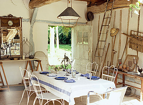 桌子,椅子,餐饭,蓝色,餐具,乡村风格,餐厅