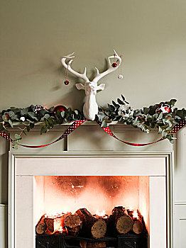 壁炉,原木,茶烛,圣诞装饰,装饰,头部