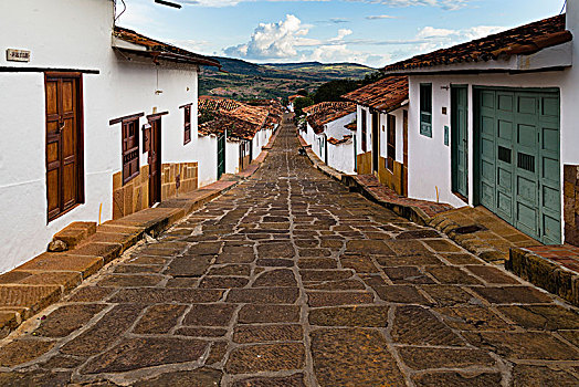 白房子,鹅卵石,街道,殖民地,城市,桑坦德,哥伦比亚,南美