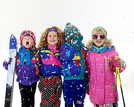四个,孩子,冬天,衣服,站立,一起,滑雪,设备
