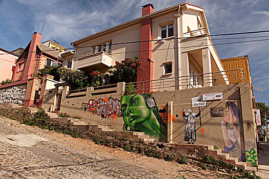 南美,智利,瓦尔帕莱索,一个,涂绘,壁画,上方,城市,世界遗产