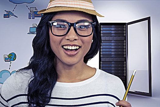 合成效果,图像,魅力,亚洲女性,帽子,拿着,铅笔,云,计算,涂写