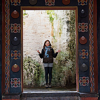 女人,站立,墙壁,华丽,入口,宗派寺院,地区,不丹