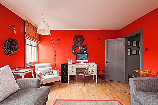 书桌,扶手椅,红色,墙壁,整修,时期,公寓