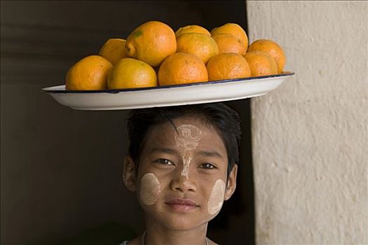 缅甸,肖像,男孩,橙色,托盘,头部