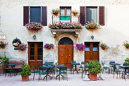 窗户,花箱,种植器皿,桌子,正面,闭合,咖啡,皮恩扎,锡耶纳,托斯卡纳,意大利