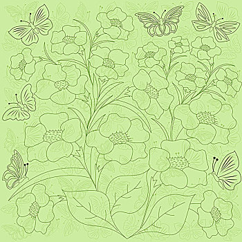 花,蝴蝶,绿色背景
