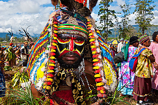 彩色,服装,脸,涂绘,部落男人,庆贺,传统,唱歌,哈根,高地,巴布亚新几内亚,美拉尼西亚