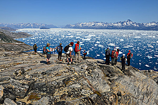 人群,远足,远眺,峡湾,格陵兰,北美