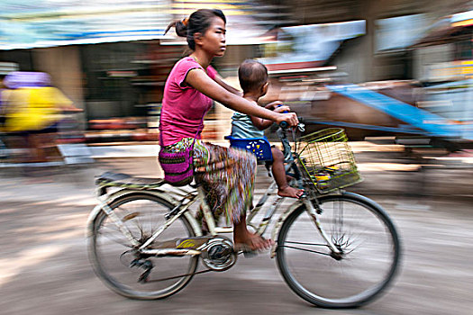 母子,自行车,空气,岛屿,印度尼西亚