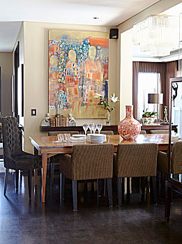 餐厅,长,桌子,软垫,椅子,大,现代,艺术品,墙壁彩绘