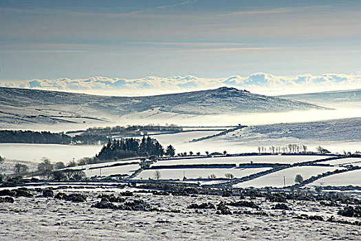 英格兰,德文郡,达特姆尔高原,冬天,雾气,山谷,上面,山