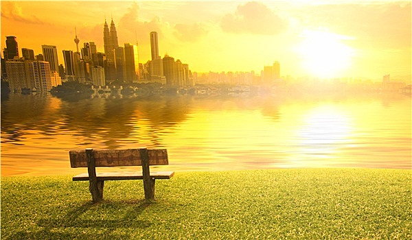 吉隆坡,城市,日落,风景,上方,长椅,湖