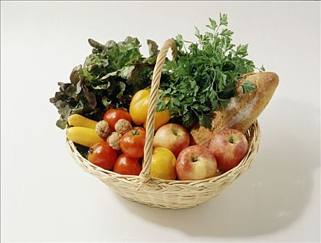 篮子,水果,蔬菜,面包