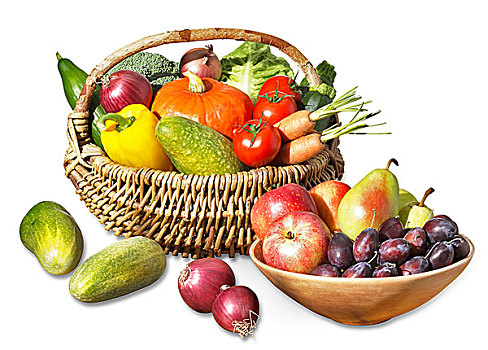 篮子,蔬菜,果盘,水果,黄瓜,洋葱,苹果,梨,李子,红辣椒,花椰菜,南瓜,胡萝卜,西红柿,西葫芦,莴苣,留白