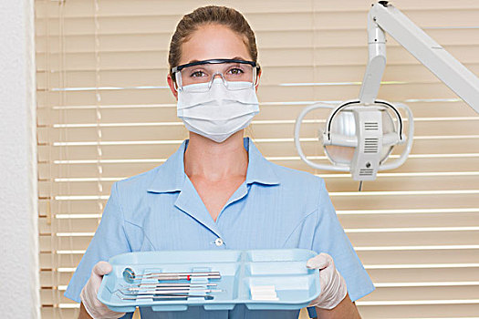 牙医助手,蓝色,拿着,托盘,工具