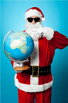 时髦,圣诞老人,暗色,墨镜,指点,地球仪