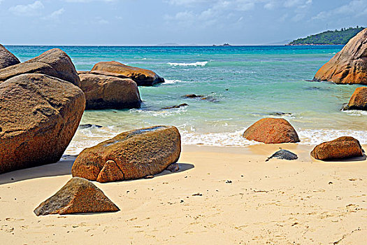 海滩,花冈岩,石头,血肠,普拉兰岛,塞舌尔,非洲